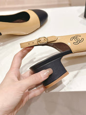 SLINGBACKS PEANUT BROWN MIX BLACK SHEEPSKIN