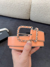 BELT 40MM IN CORAL CALFSKIN WITH INTERWOVEN CHAIN BUCKLE ZIPPER IN TRIM SILVER HARDWARE