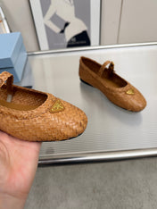 PRADA 26S MARY JANE FLATS IN TAN BROWN WOVEN CALFSKIN