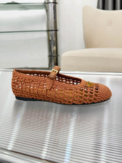 PRADA 26S MARY JANE FLATS IN CARAMEL BROWN WOVEN RAFFIA WITH TRIANGLE LOGO