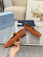 PRADA 26S MARY JANE FLATS IN CARAMEL BROWN WOVEN RAFFIA WITH TRIANGLE LOGO