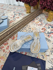 PRADA 26S THONG SANDALS IN SILVER CALFSKIN TRIANGLE LOGO