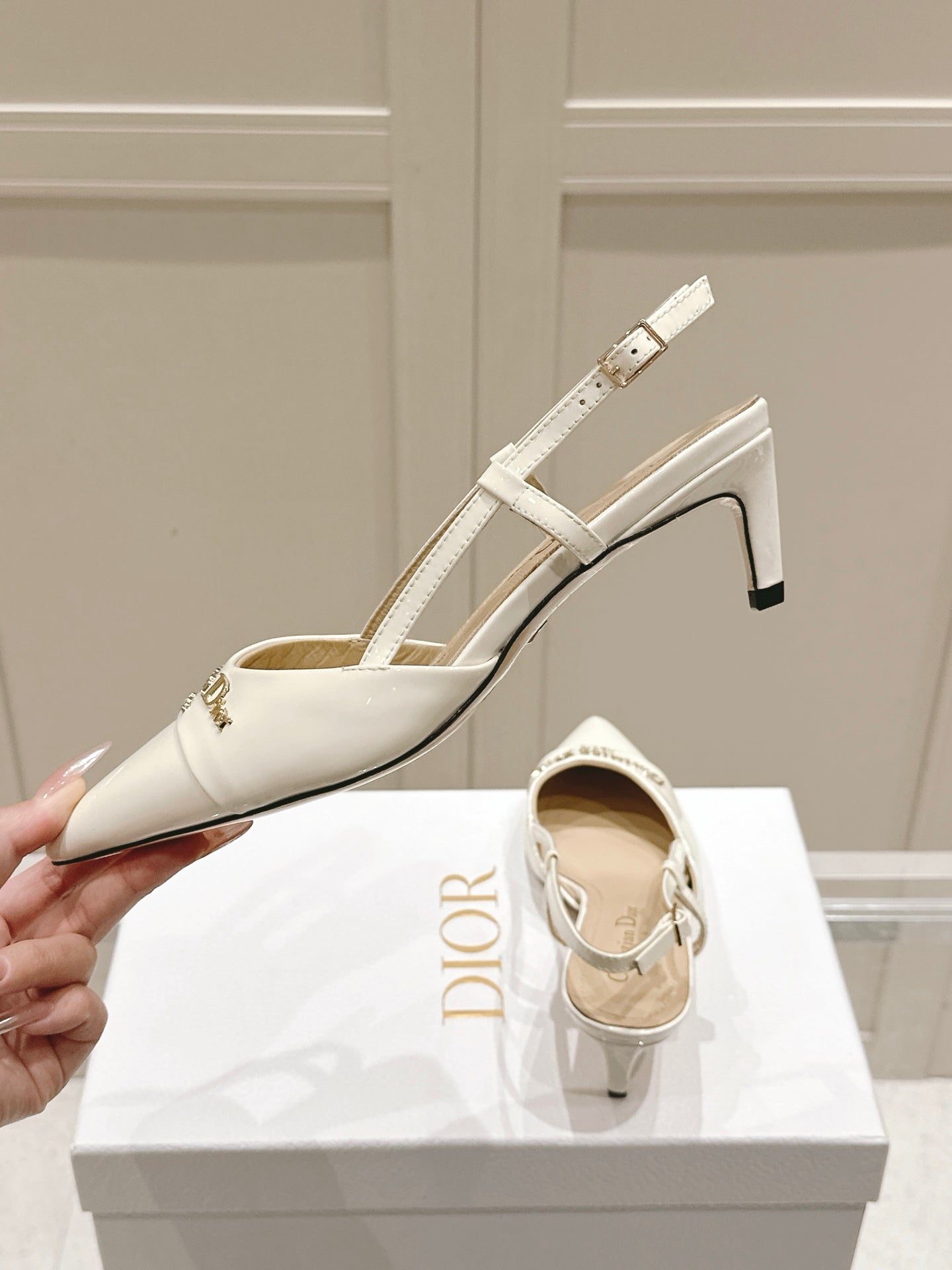MY DD 25S SLINGBACK PUMP 50MM IN WHITE GLOSSY CALFSKIN