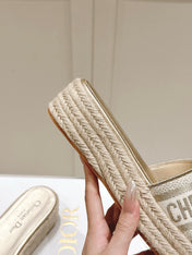 DWAY WEDGE SLIDES 45MM IN WARM GREIGE FABRIC RAFFIA SOLE
