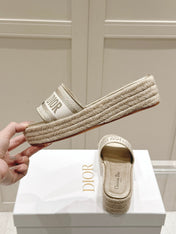 DWAY WEDGE SLIDES 45MM IN WARM GREIGE FABRIC RAFFIA SOLE