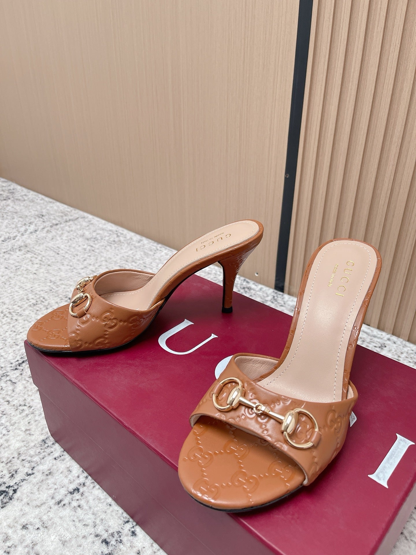 GUCCI 26S HIGH-HEEL SANDALS 85 MM IN LIGHT BROWN CALFSKIN