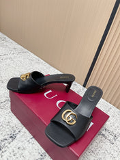 GUCCI 26S GG LOGO HIGH-HEEL MULES IN BLACK CALFSKIN