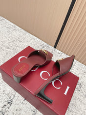 GUCCI 26S GG LOGO HIGH-HEEL MULES IN DARK RED CALFSKIN