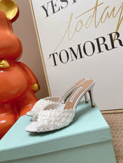 AQUAZZURA 26S HEELED MULES 80 MM IN WHITE WOVEN RAFFIA