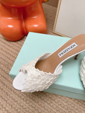 AQUAZZURA 26S HEELED MULES 80 MM IN WHITE WOVEN RAFFIA