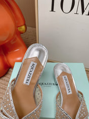 AQUAZZURA 26S LOVER HEELED MULES IN SILVER LAMBSKIN AND MESH