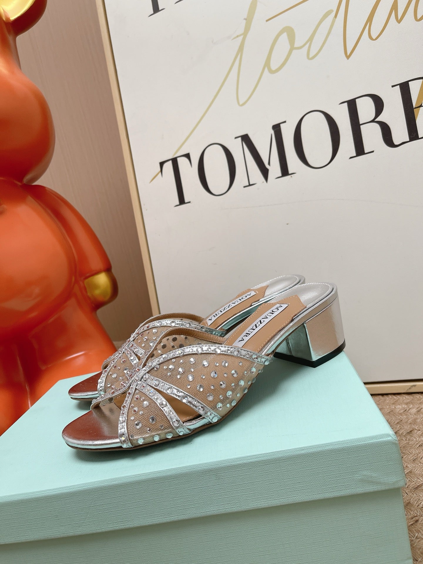 AQUAZZURA 26S LOVER HEELED MULES IN SILVER LAMBSKIN AND MESH