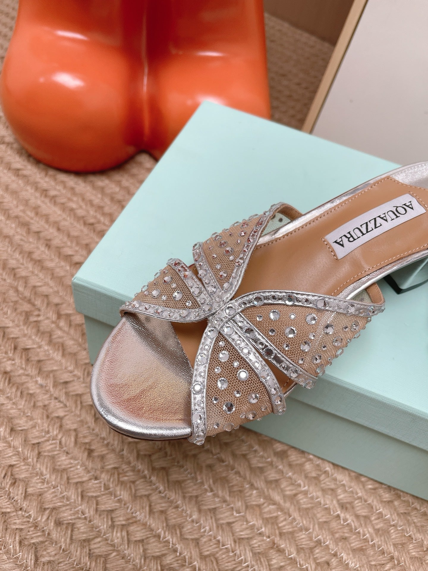 AQUAZZURA 26S LOVER HEELED MULES IN SILVER LAMBSKIN AND MESH