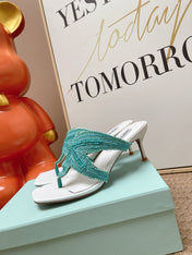 AQUAZZURA 26S STARFISH THONG HEELS IN WHITE & TURQUOISE LAMBSKIN