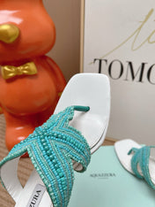 AQUAZZURA 26S STARFISH THONG HEELS IN WHITE & TURQUOISE LAMBSKIN