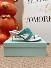 AQUAZZURA 26S STARFISH THONG HEELS IN WHITE & TURQUOISE LAMBSKIN