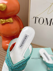 AQUAZZURA 26S STARFISH THONG HEELS IN WHITE & TURQUOISE LAMBSKIN