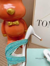AQUAZZURA 26S STARFISH THONG HEELS IN WHITE & TURQUOISE LAMBSKIN