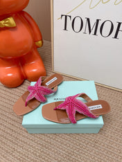 AQUAZZURA 26S STARFISH BEADED THONG SANDALS IN PINK AND BROWN LAMBSKIN