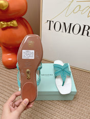 AQUAZZURA 26S STARFISH BEADED THONG SANDALS IN WHITE & TURQUOISE LAMBSKIN