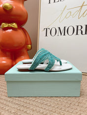 AQUAZZURA 26S STARFISH BEADED THONG SANDALS IN WHITE & TURQUOISE LAMBSKIN