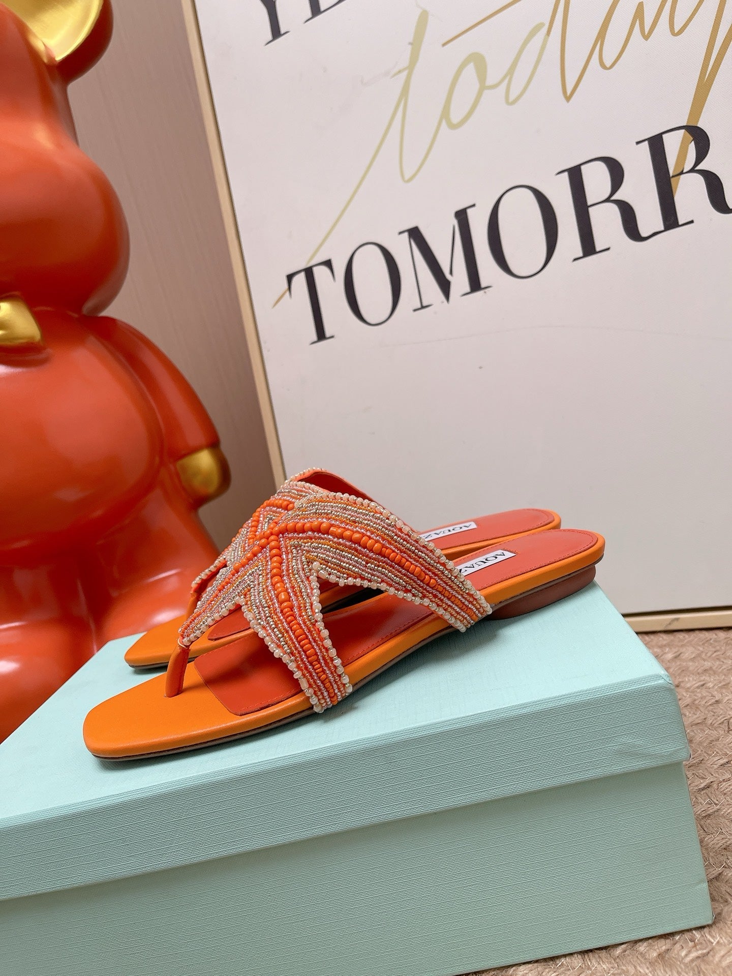 AQUAZZURA 26S STARFISH BEADED THONG SANDALS IN ORANGE LAMBSKIN