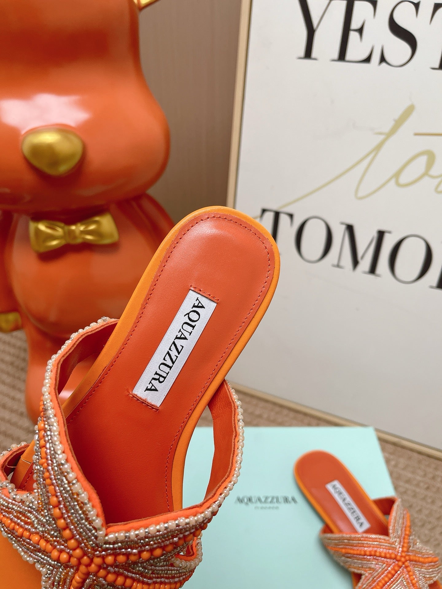 AQUAZZURA 26S STARFISH BEADED THONG SANDALS IN ORANGE LAMBSKIN