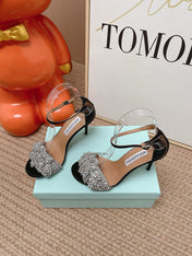 AQUAZZURA 26S HIGH-HEEL SANDALS 85 MM IN BLACK SUEDE & CRYSTALS