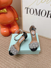 AQUAZZURA 26S HIGH-HEEL SANDALS 85 MM IN BLACK SUEDE & CRYSTALS
