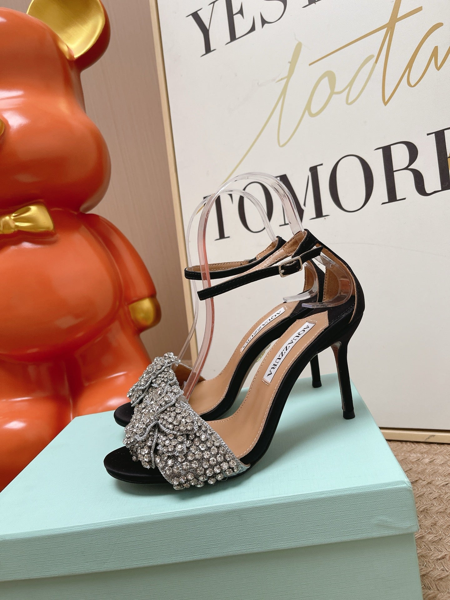 AQUAZZURA 26S HIGH-HEEL SANDALS 85 MM IN BLACK SUEDE & CRYSTALS