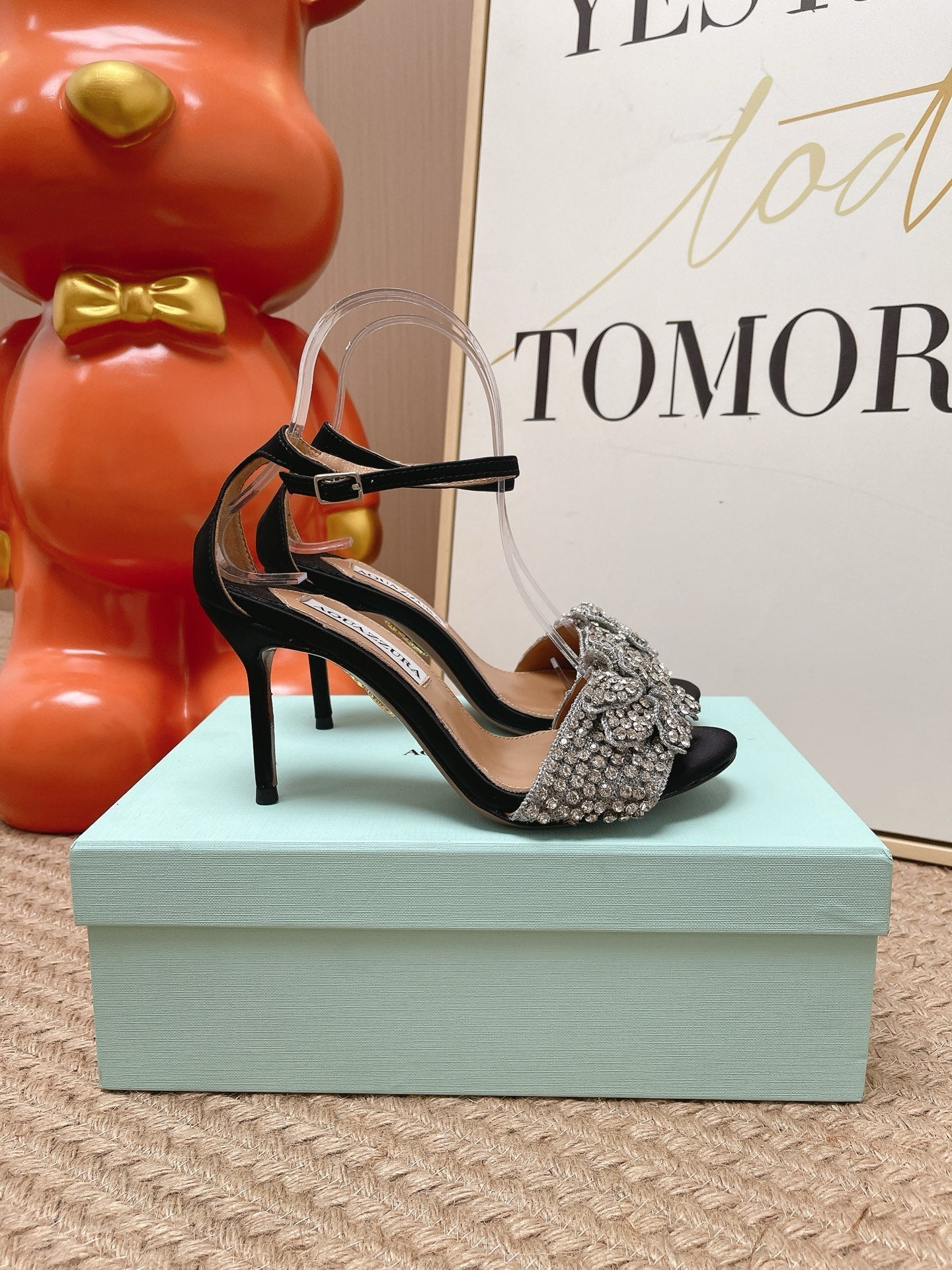 AQUAZZURA 26S HIGH-HEEL SANDALS 85 MM IN BLACK SUEDE & CRYSTALS
