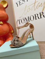 AQUAZZURA 26S HIGH-HEEL SANDALS 85 MM IN LIGHT GOLD LEATHER & CRYSTALS