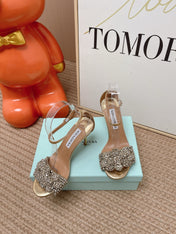 AQUAZZURA 26S HIGH-HEEL SANDALS 85 MM IN LIGHT GOLD LEATHER & CRYSTALS