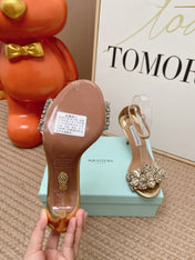 AQUAZZURA 26S HIGH-HEEL SANDALS 85 MM IN LIGHT GOLD LEATHER & CRYSTALS
