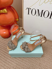 AQUAZZURA 26S HIGH-HEEL SANDALS 85 MM IN LIGHT GOLD LEATHER & CRYSTALS