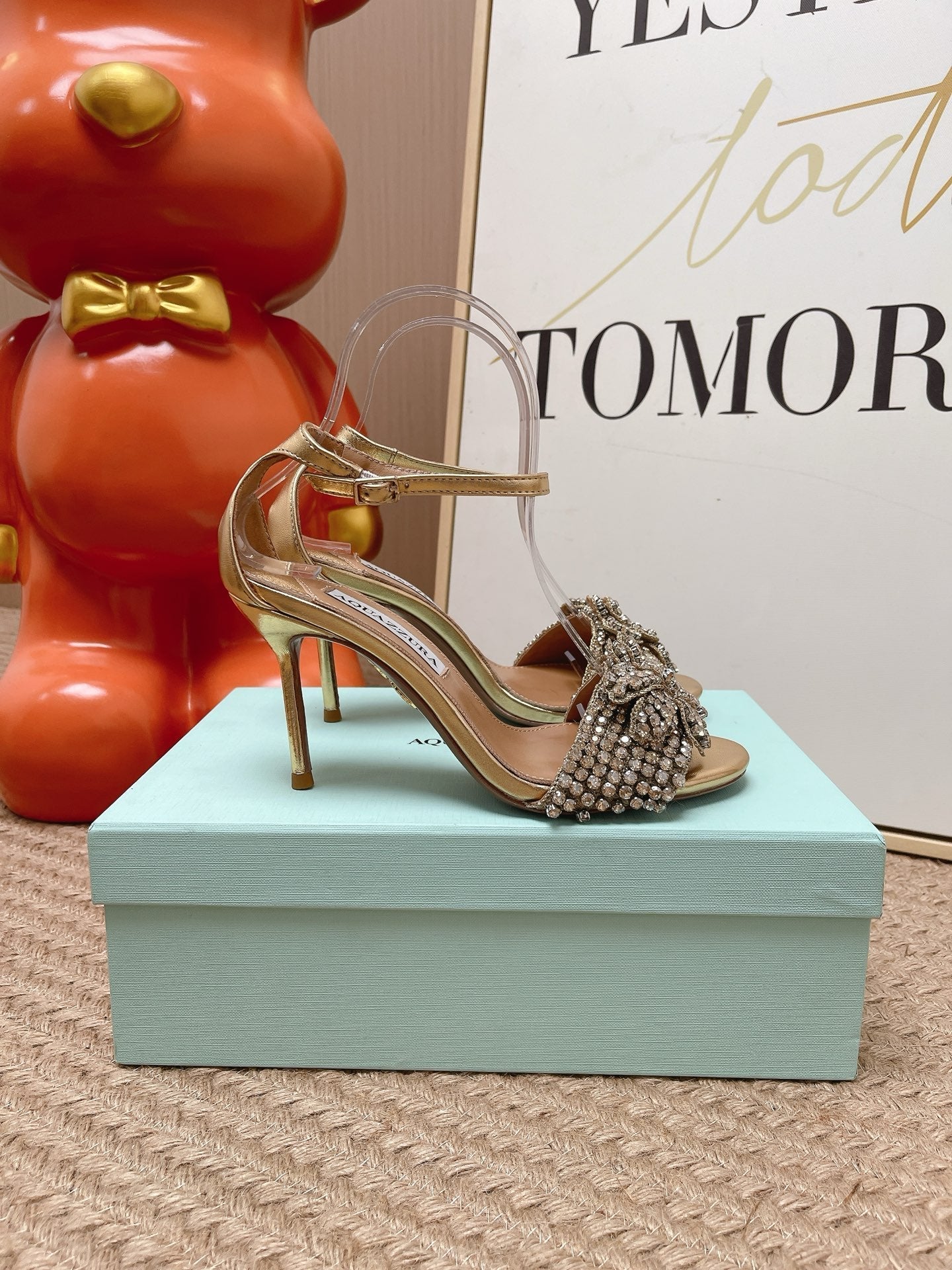 AQUAZZURA 26S HIGH-HEEL SANDALS 85 MM IN LIGHT GOLD LEATHER & CRYSTALS