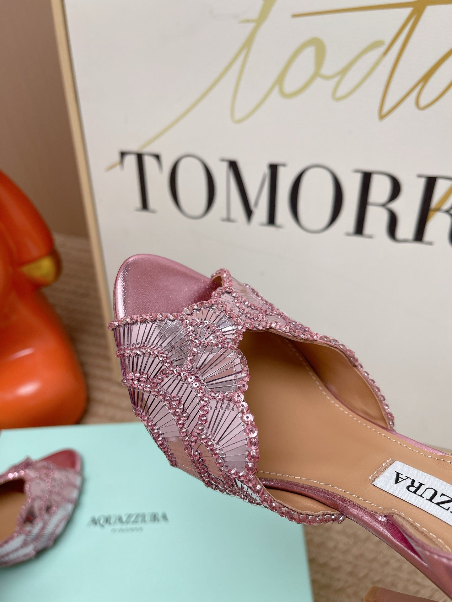 AQUAZZURA 26S GATSBY SLING PUMPS 105 MM IN METALLIC PINK SEQUINED