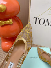AQUAZZURA 26S HIGH HEELS IN GOLD AND BEIGE FLORAL EMBROIDERED MESH