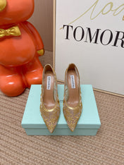 AQUAZZURA 26S HIGH HEELS IN GOLD AND BEIGE FLORAL EMBROIDERED MESH
