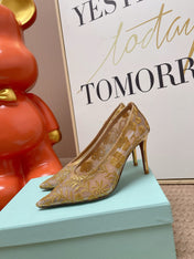 AQUAZZURA 26S HIGH HEELS IN GOLD AND BEIGE FLORAL EMBROIDERED MESH