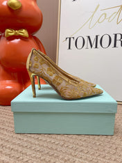 AQUAZZURA 26S HIGH HEELS IN GOLD AND BEIGE FLORAL EMBROIDERED MESH