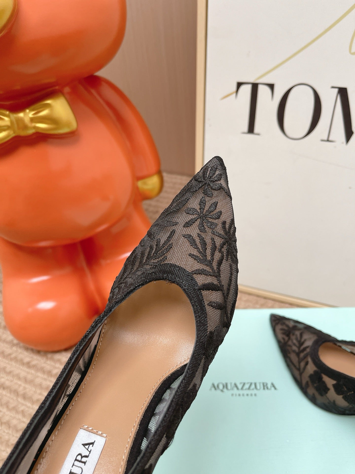 AQUAZZURA 26S HIGH HEELS IN BLACK FLORAL EMBROIDERED MESH