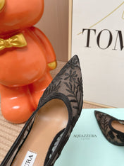 AQUAZZURA 26S HIGH HEELS IN BLACK FLORAL EMBROIDERED MESH