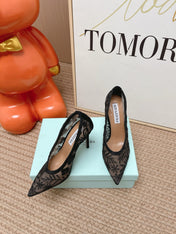 AQUAZZURA 26S HIGH HEELS IN BLACK FLORAL EMBROIDERED MESH