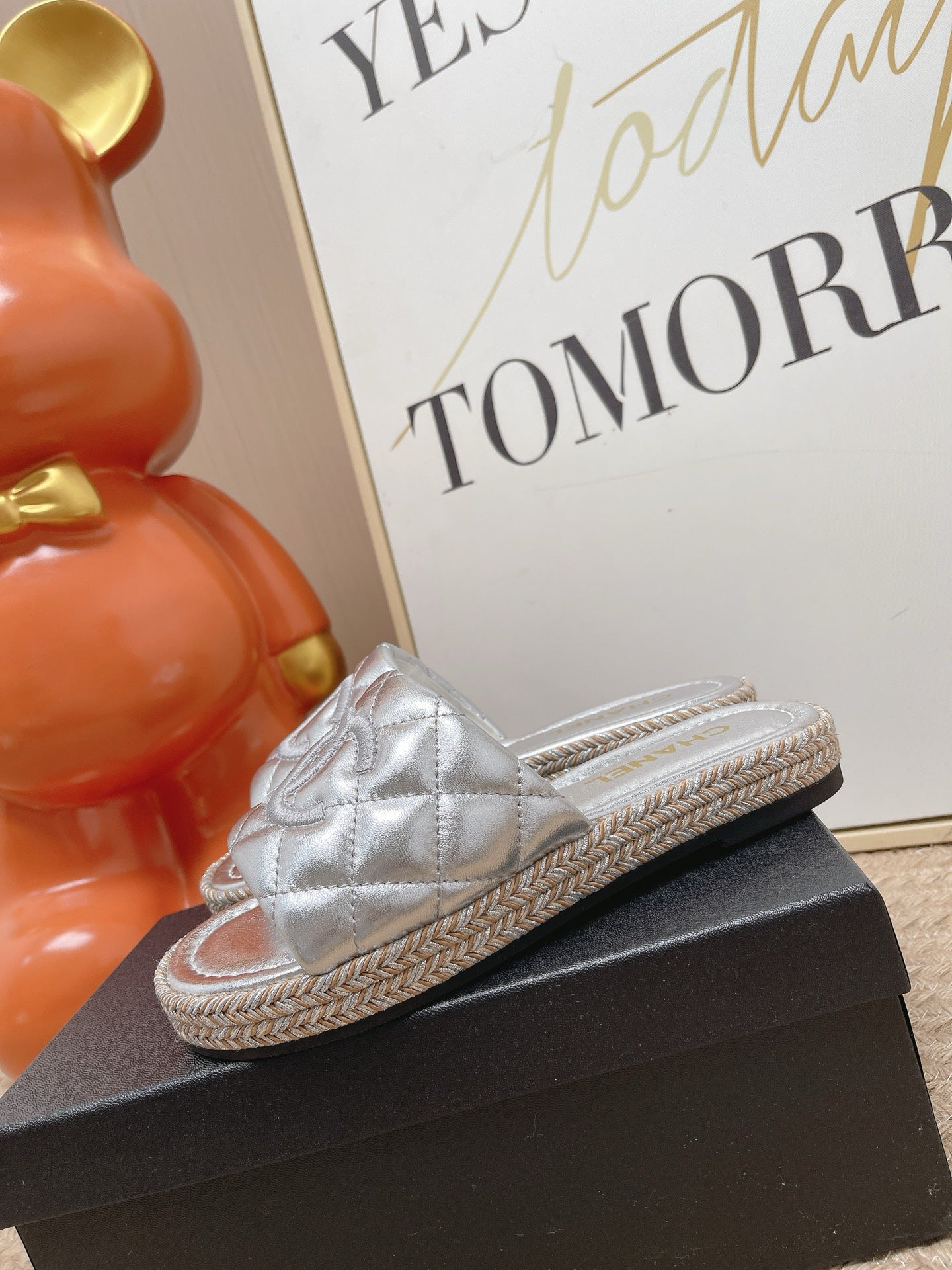 CHANEL 26S WEDGE SANDALS IN SILVER LAMBSKIN