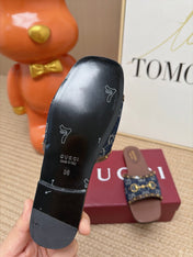 GUCCI 26S SLIDE SANDAL IN DARK BLUE DENIM AND BROWN LEATHER