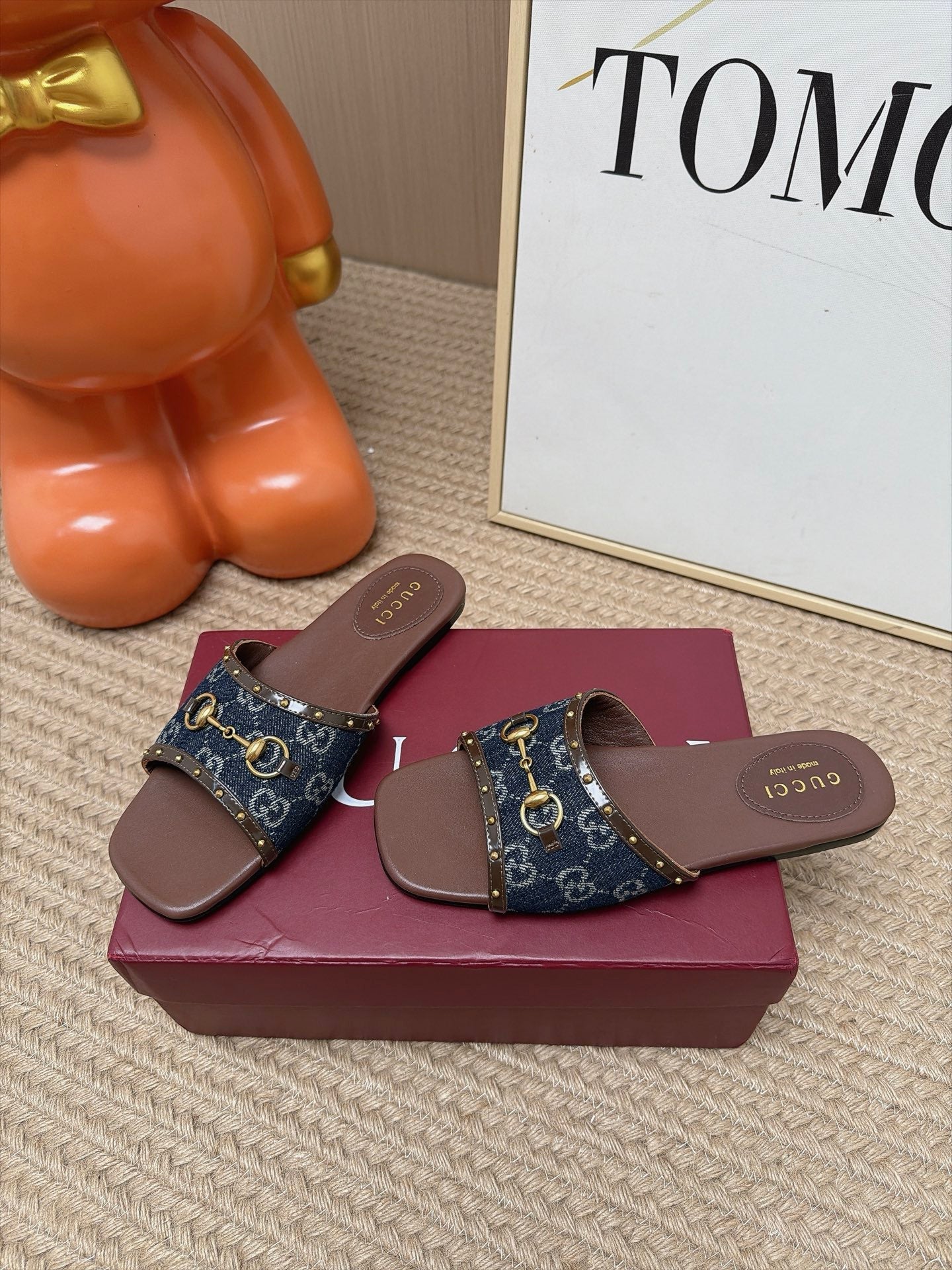 GUCCI 26S SLIDE SANDAL IN DARK BLUE DENIM AND BROWN LEATHER