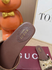 GUCCI 26S SLIDE SANDAL IN BEIGE CANVAS AND BROWN LEATHER