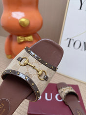 GUCCI 26S SLIDE SANDAL IN BEIGE CANVAS AND BROWN LEATHER