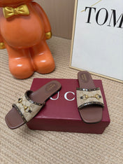 GUCCI 26S SLIDE SANDAL IN BEIGE CANVAS AND BROWN LEATHER